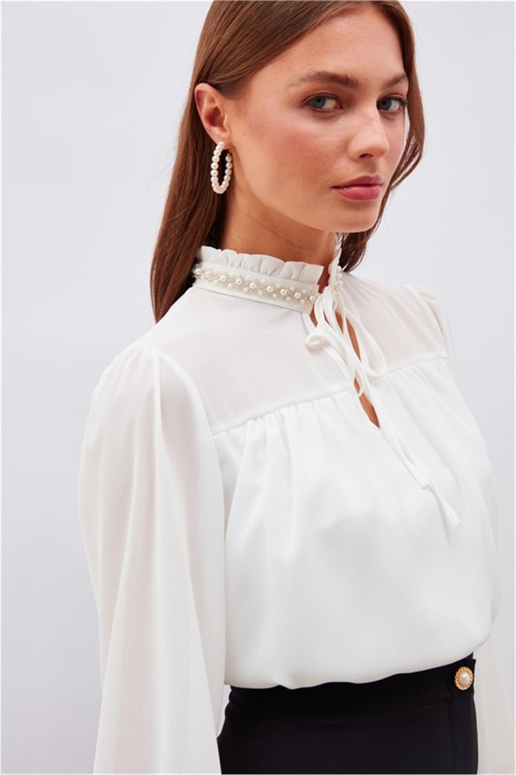 Sateen 3033-1005 Ekru Kadın Aksesuarlı Bluz