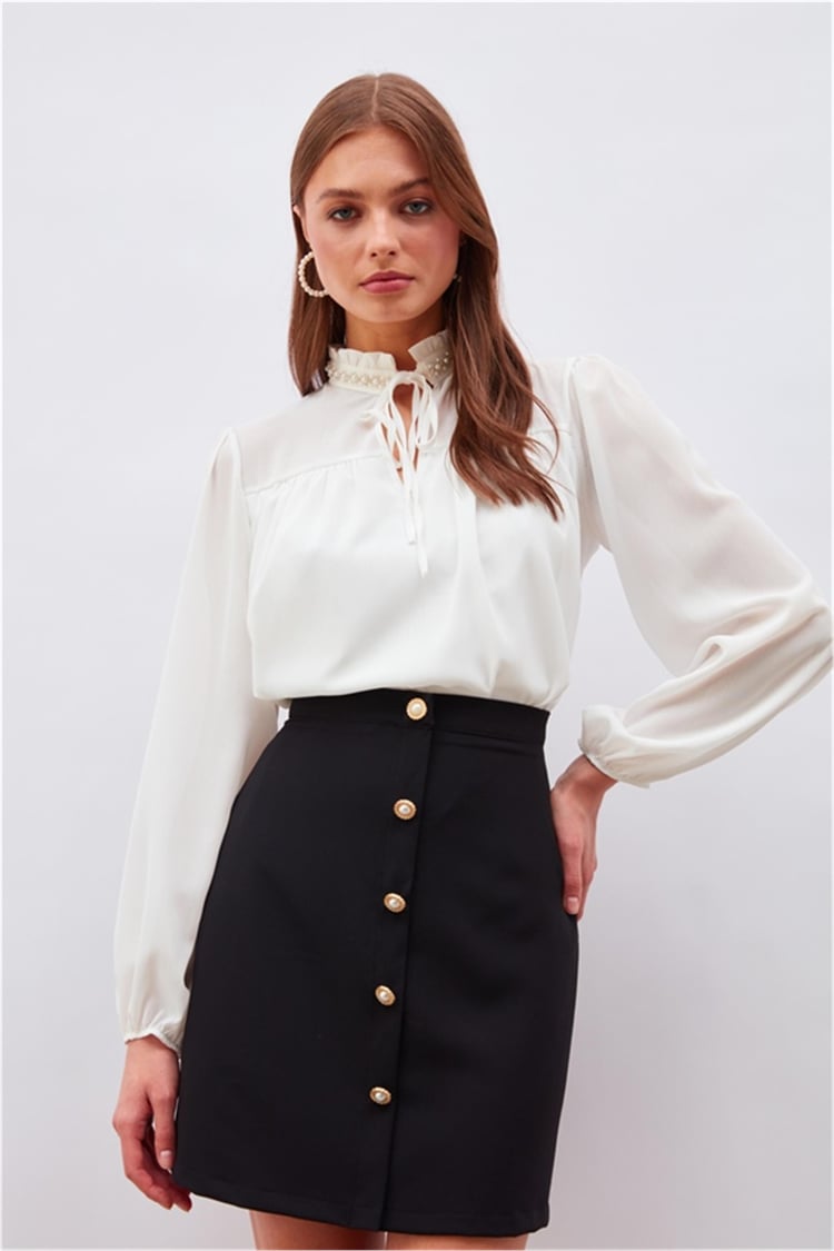 Sateen 3033-1005 Ekru Kadın Aksesuarlı Bluz