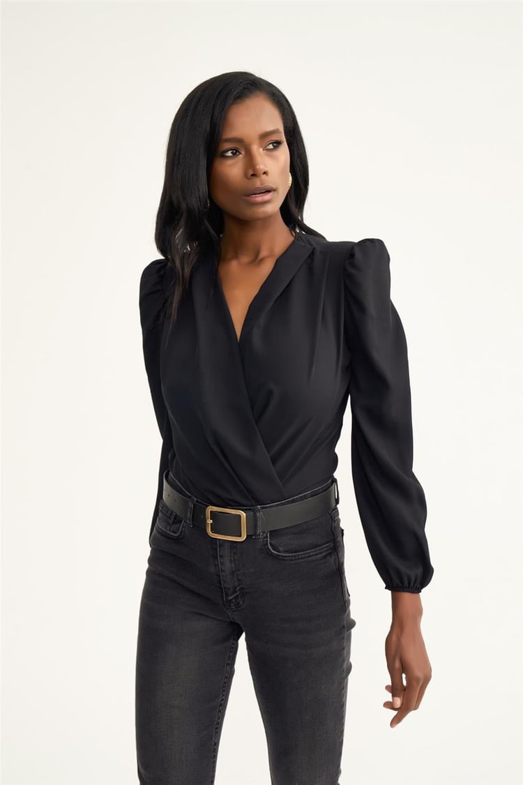 Sateen 447-1009 Siyah Kadın Kruvaze Bodysuit Bluz