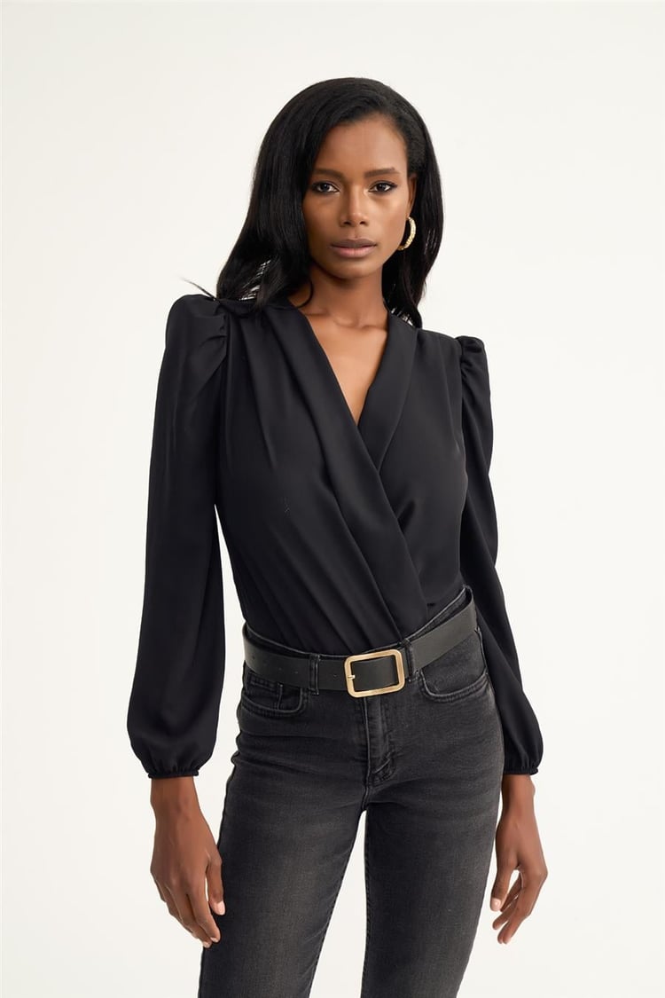 Sateen 447-1009 Siyah Kadın Kruvaze Bodysuit Bluz