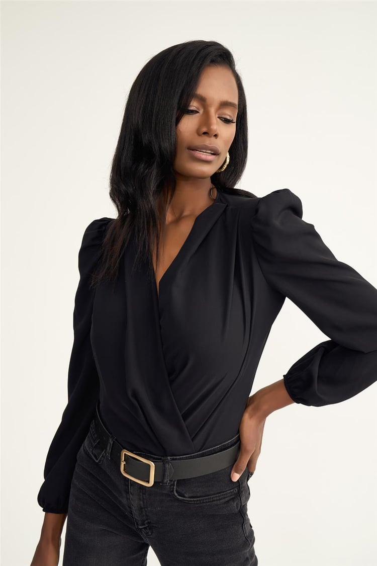 Sateen 447-1009 Siyah Kadın Kruvaze Bodysuit Bluz