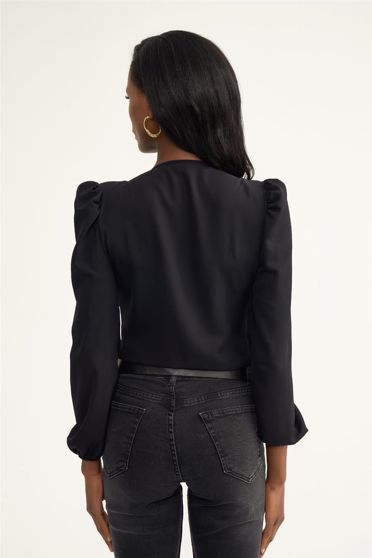 Sateen 447-1009 Siyah Kadın Kruvaze Bodysuit Bluz