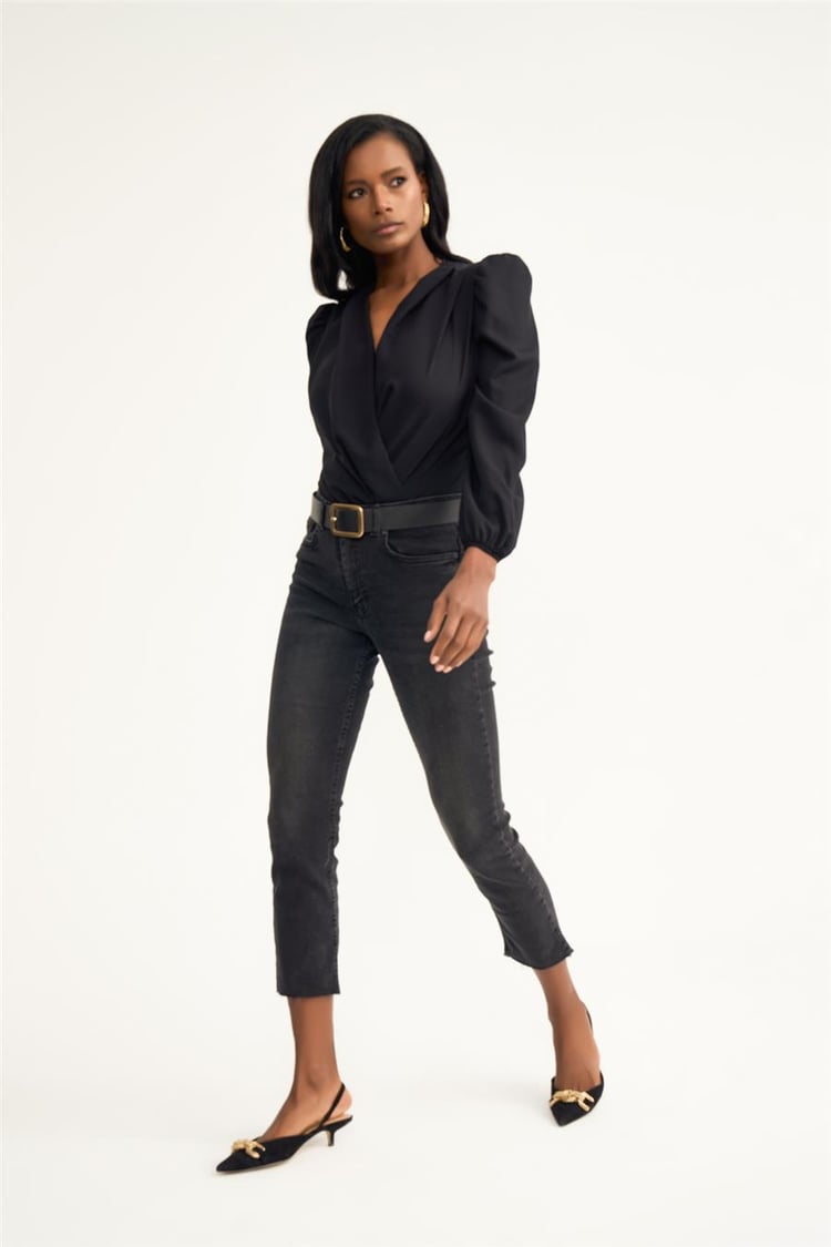 Sateen 447-1009 Siyah Kadın Kruvaze Bodysuit Bluz