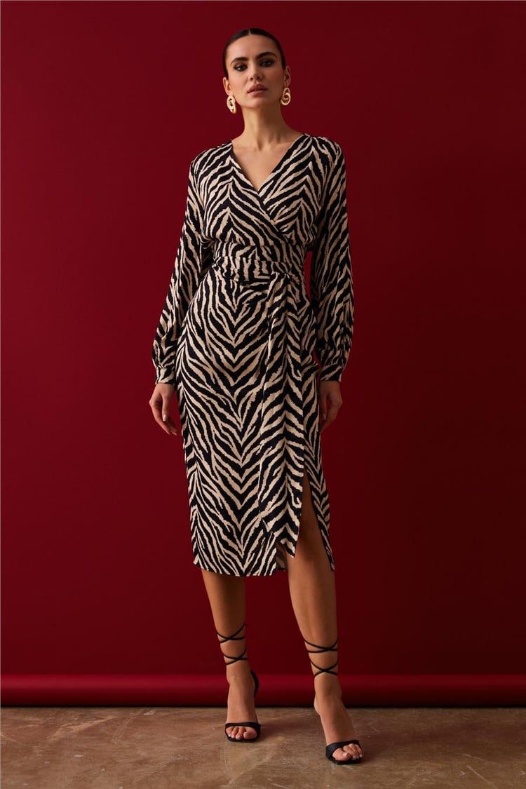 Sateen 862-4006 Kadın Siyah Zebra Desenli Saten Pareo Etek
