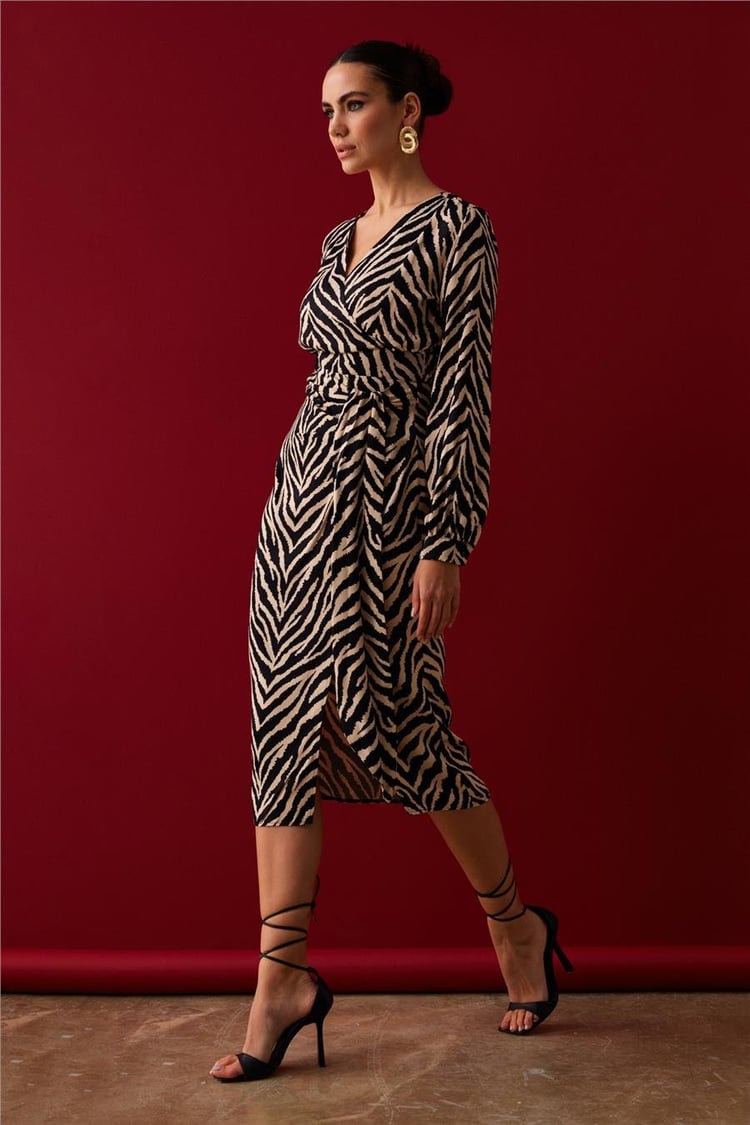 Sateen 862-4006 Kadın Siyah Zebra Desenli Saten Pareo Etek