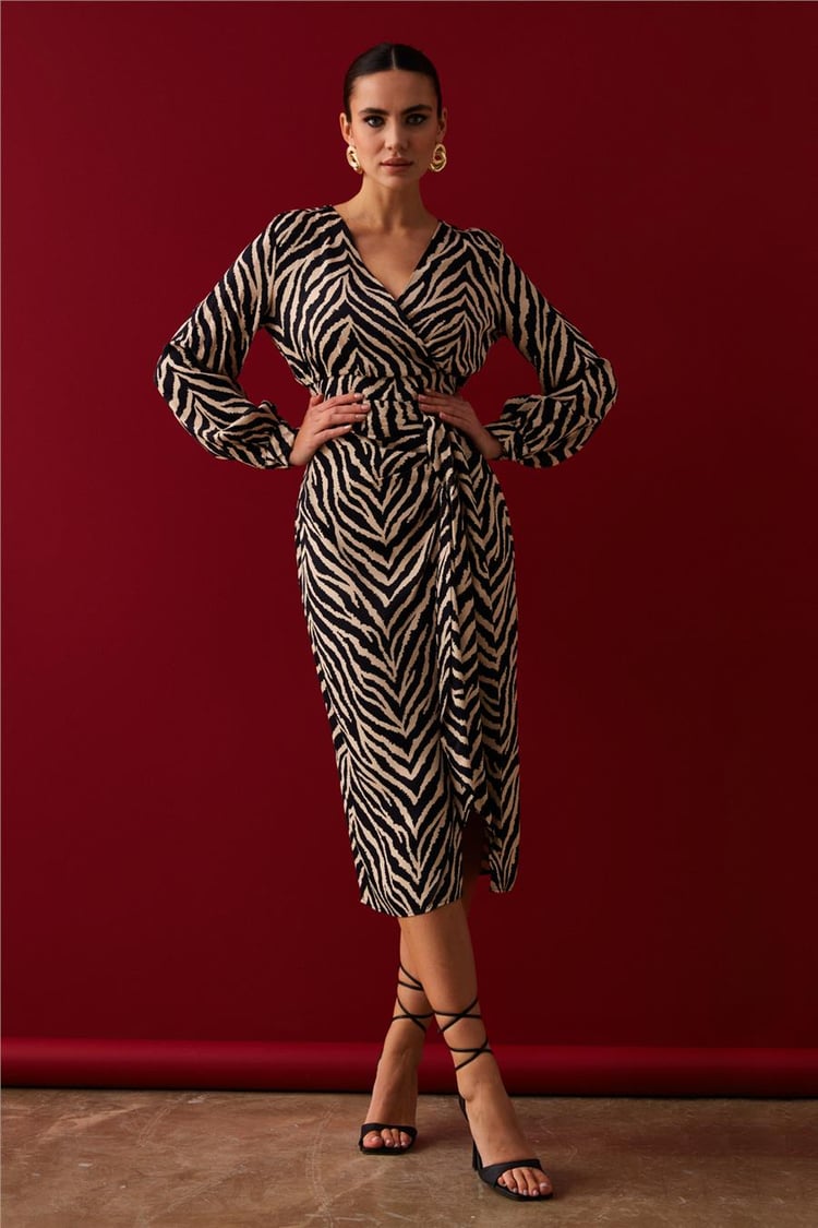 Sateen 862-4006 Kadın Siyah Zebra Desenli Saten Pareo Etek
