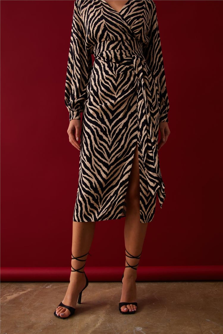 Sateen 862-4006 Kadın Siyah Zebra Desenli Saten Pareo Etek
