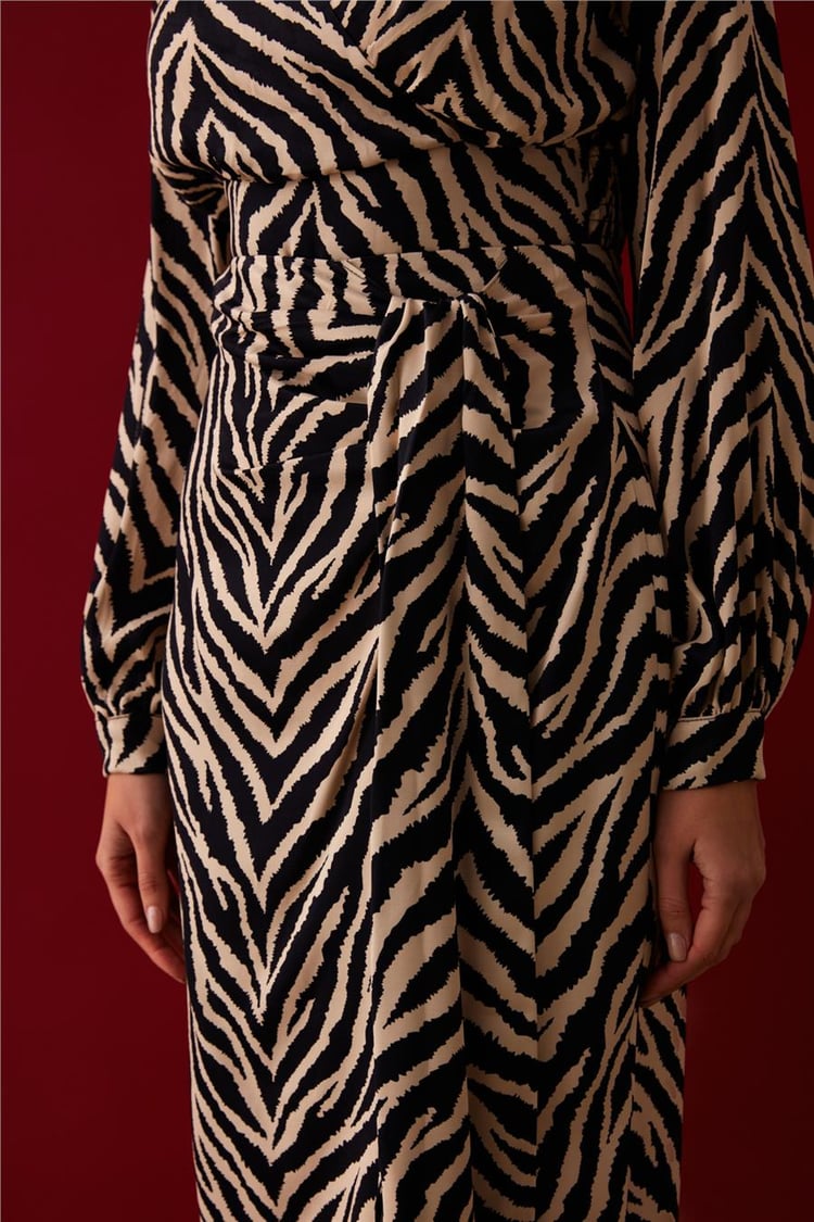 Sateen 862-4006 Kadın Siyah Zebra Desenli Saten Pareo Etek