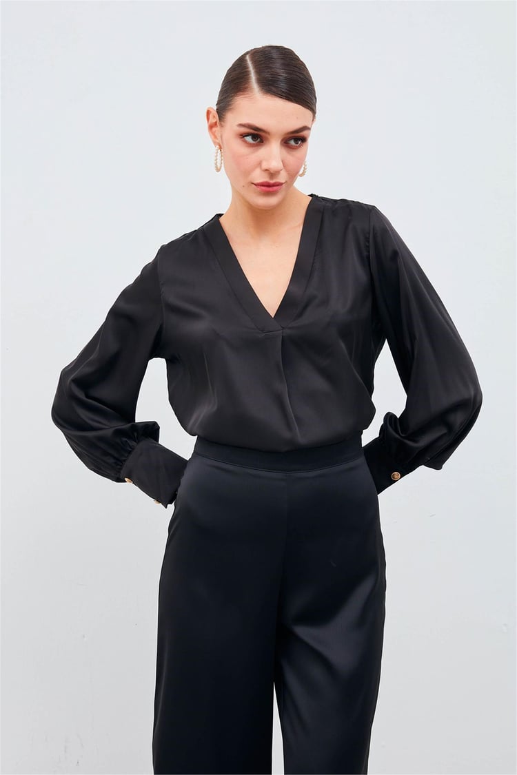 Sateen 871-1010 Siyah Kadın V Yaka Saten Bluz