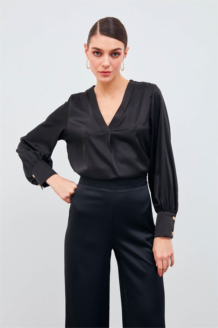 Sateen 871-1010 Siyah Kadın V Yaka Saten Bluz