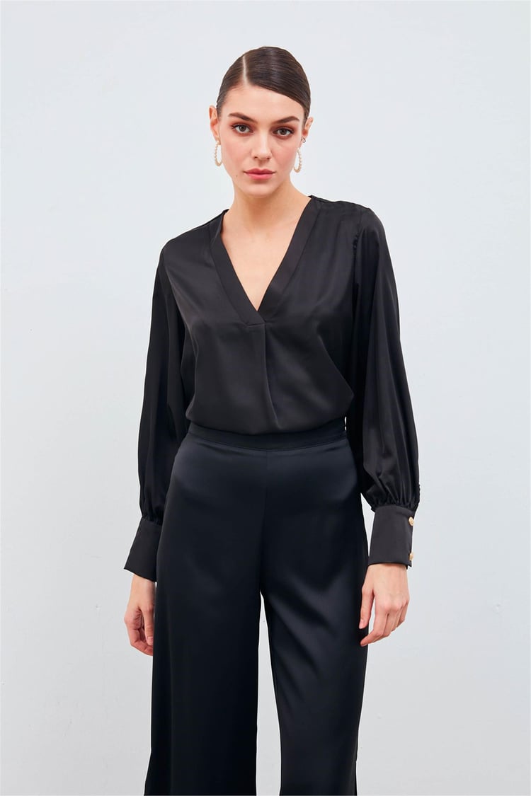 Sateen 871-1010 Siyah Kadın V Yaka Saten Bluz