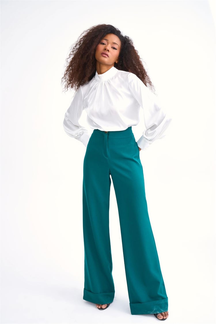 Sateen 874-1013 Beyaz Kadın Balon Kollu Saten Bluz