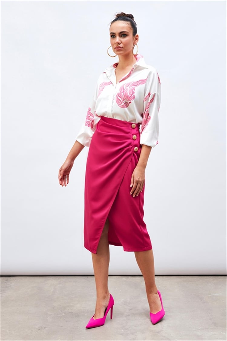 Sateen 922-4015 Fuşya Kadın Saten Krep Düğme Detaylı Etek