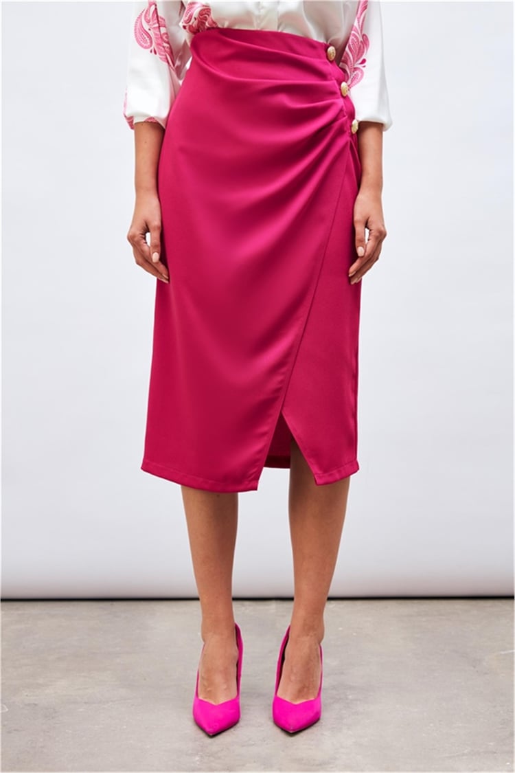 Sateen 922-4015 Fuşya Kadın Saten Krep Düğme Detaylı Etek