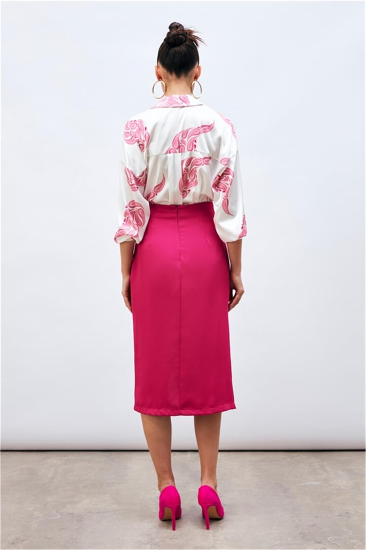 Sateen 922-4015 Fuşya Kadın Saten Krep Düğme Detaylı Etek