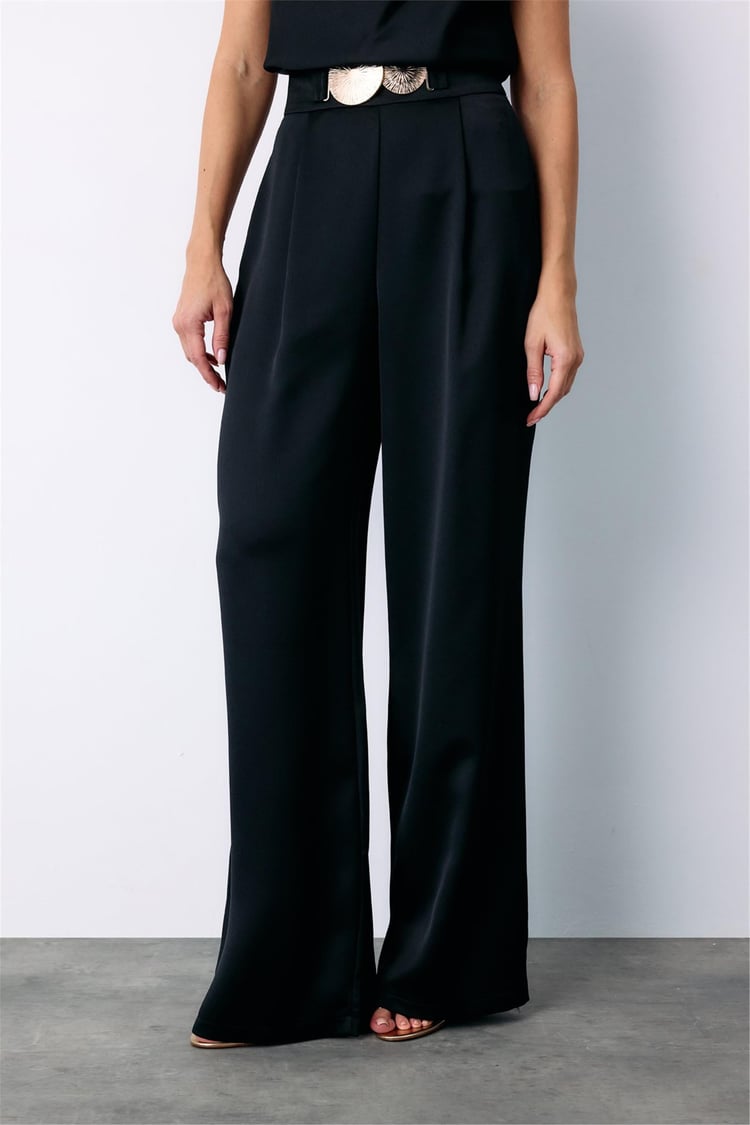 Sateen Y25 1580-5502 Sıyah Kadın Aksesuarlı Krep Saten Pantolon