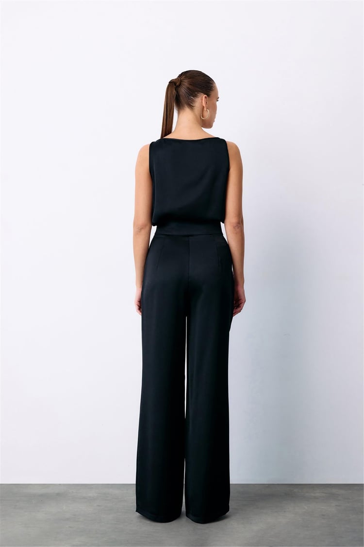 Sateen Y25 1580-5502 Sıyah Kadın Aksesuarlı Krep Saten Pantolon