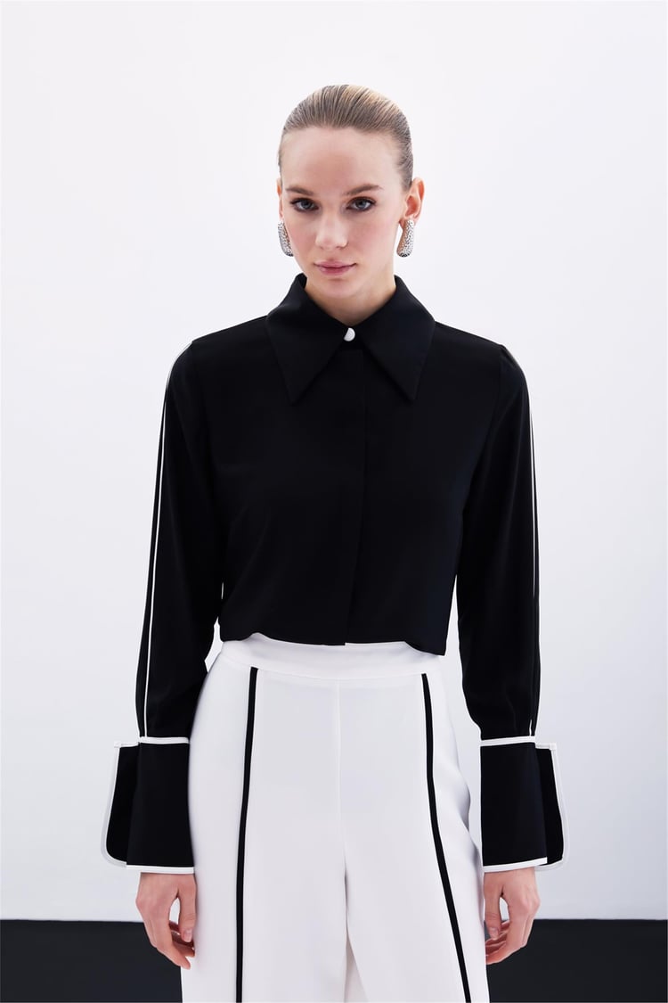 Sateen Y25 1736-2002 Sıyah Kadın Kontrast Klasık Gomlek