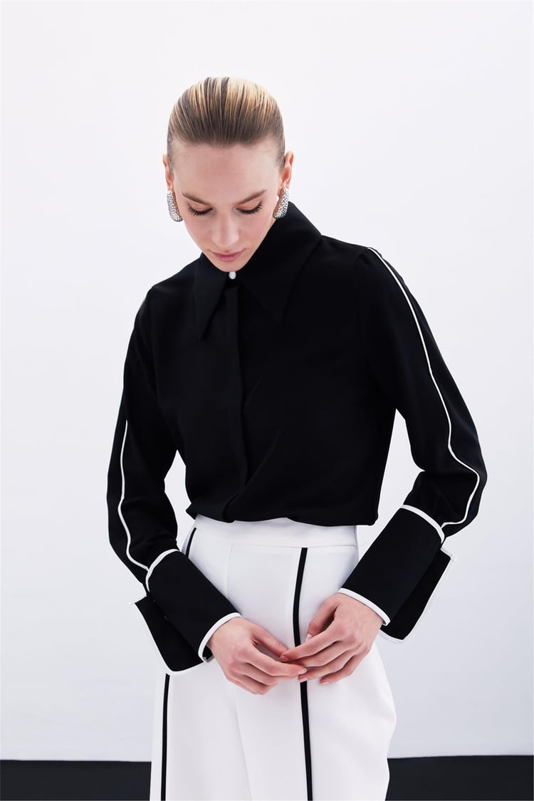 Sateen Y25 1736-2002 Sıyah Kadın Kontrast Klasık Gomlek