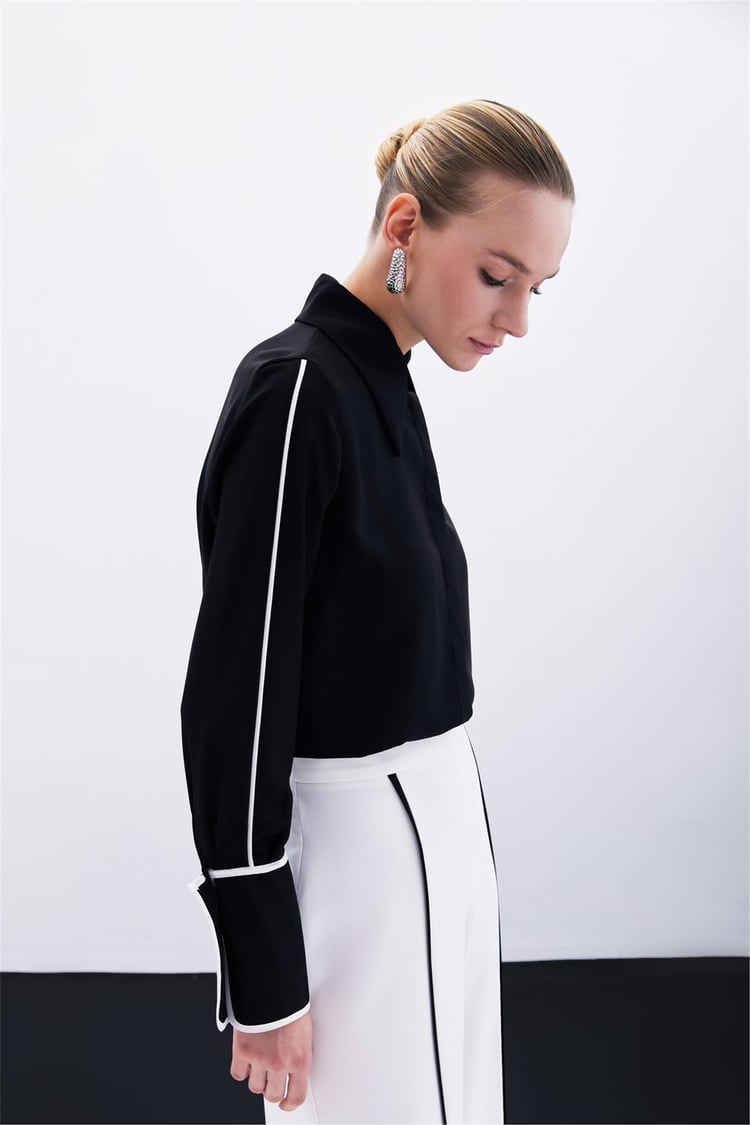 Sateen Y25 1736-2002 Sıyah Kadın Kontrast Klasık Gomlek