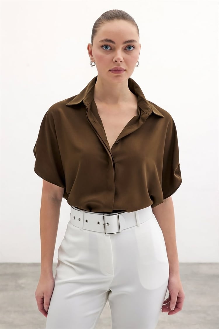 Sateen Y26 1100-2032 Kısa Kol Gömlek Kahverengi