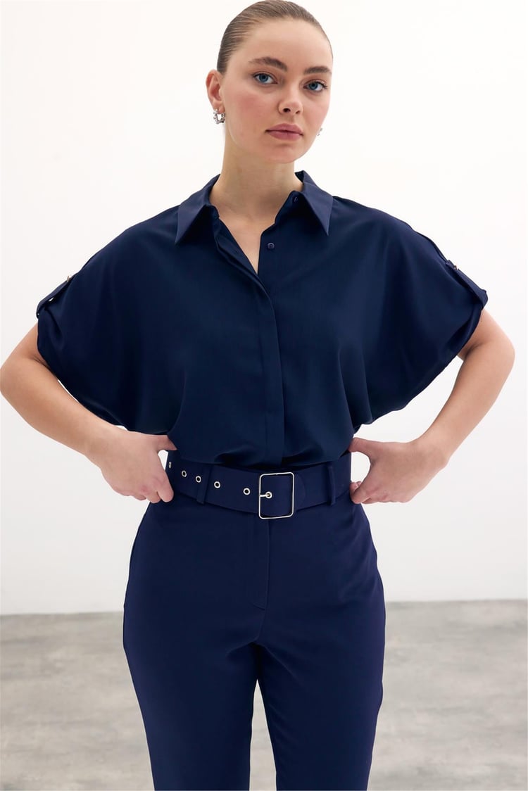 Sateen Y26 1100-2032 Kısa Kol Gömlek Lacivert Kadın