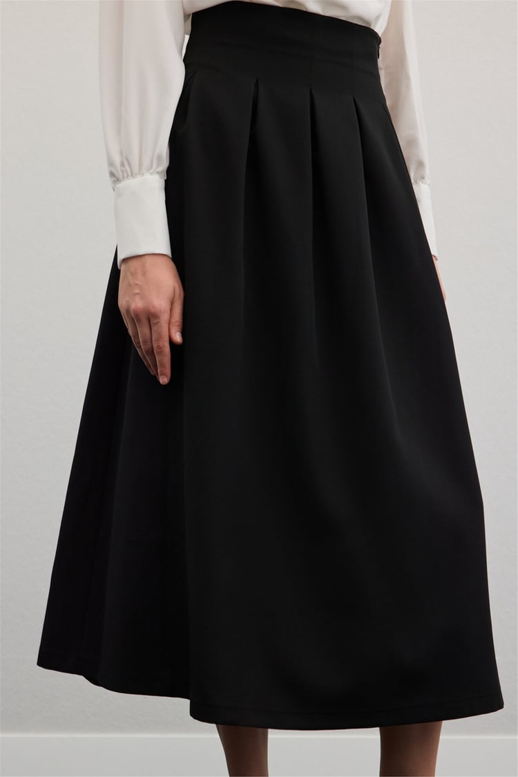 Sateen Y26 1884-4570 Pile Detaylı Midi Etek Siyah