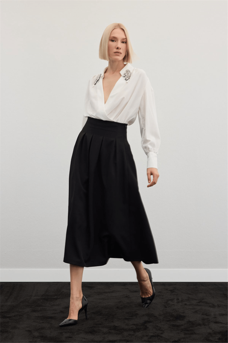 Sateen Y26 1884-4570 Pile Detaylı Midi Etek Siyah