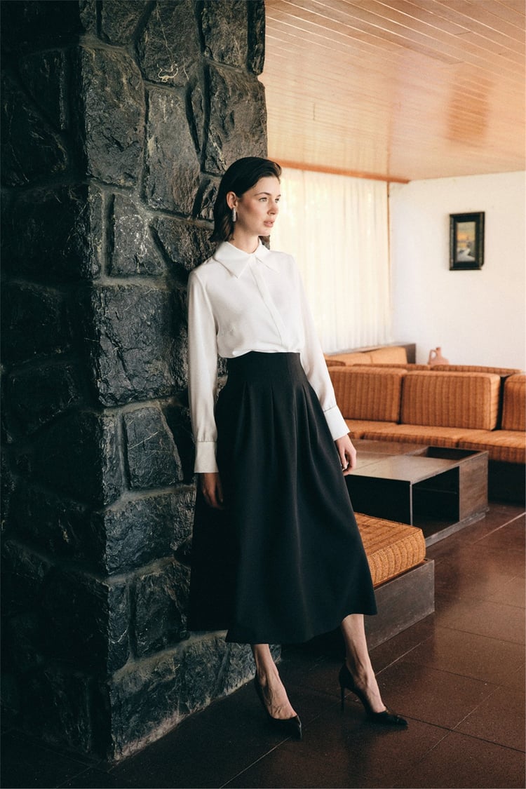 Sateen Y26 1884-4570 Pile Detaylı Midi Etek Siyah