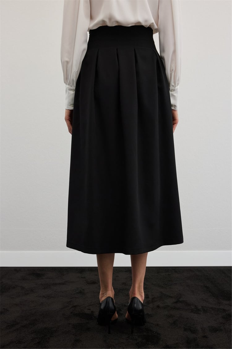 Sateen Y26 1884-4570 Pile Detaylı Midi Etek Siyah