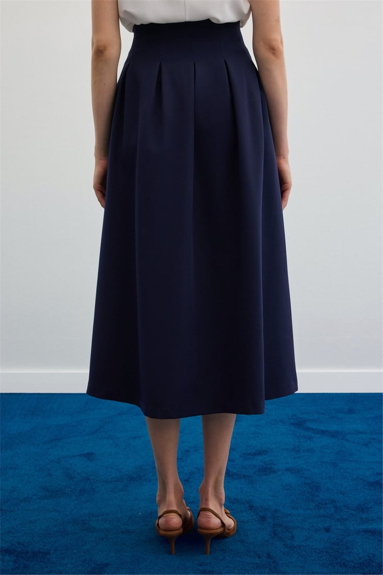 Sateen Y26 1884-4570 Pile Detaylı Midi Etek Lacivert