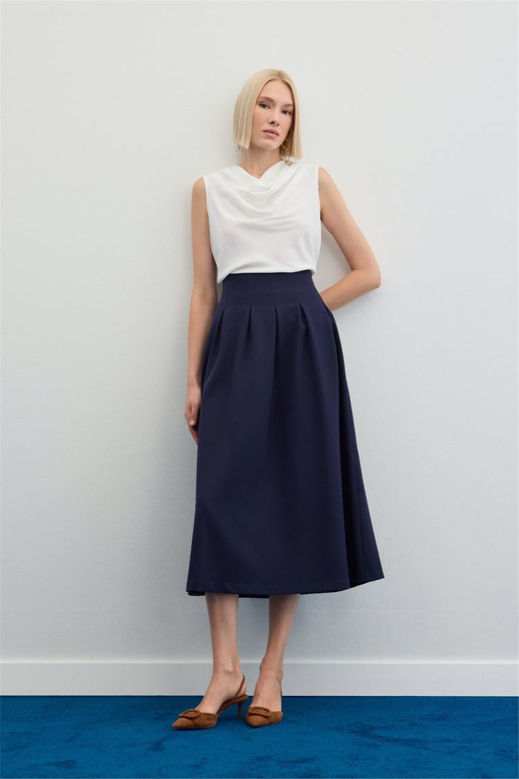 Sateen Y26 1884-4570 Pile Detaylı Midi Etek Lacivert