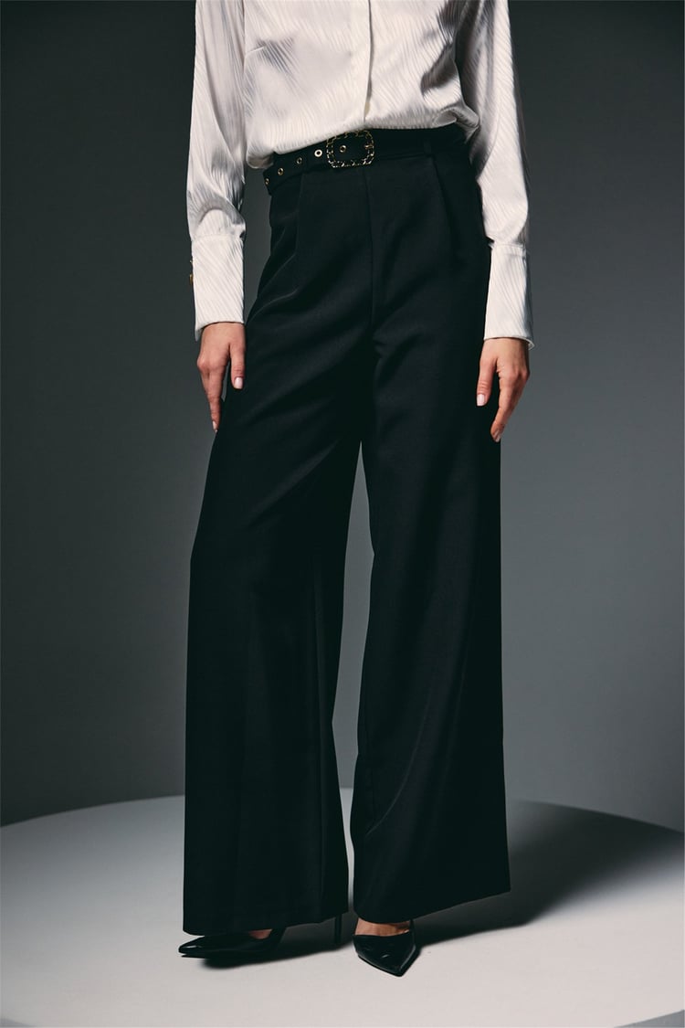Sateen Y26 1920-5538 Kemer Detaylı Bol Pantolon Siyah