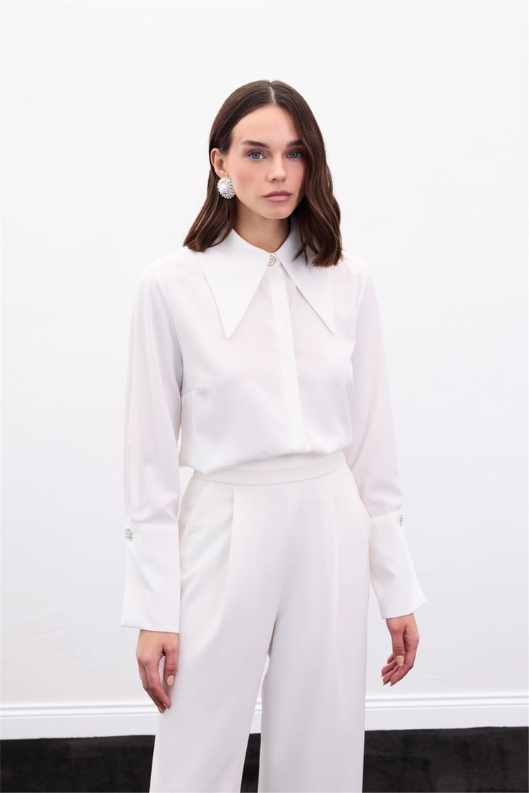 Sateen Y26 1952-2591 Yaka Ve Manşet Detaylı Gömlek Ekru
