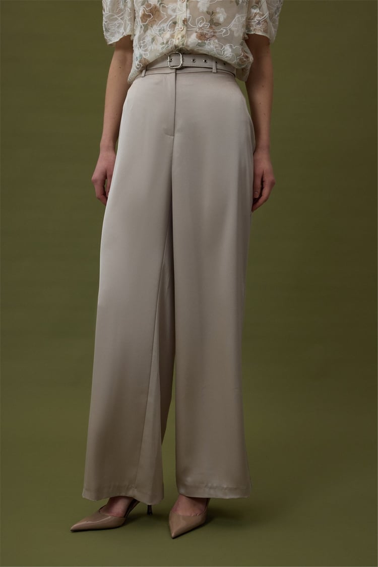 Sateen Y26 1956-5067 Kemer Detaylı Saten Pantolon Taş