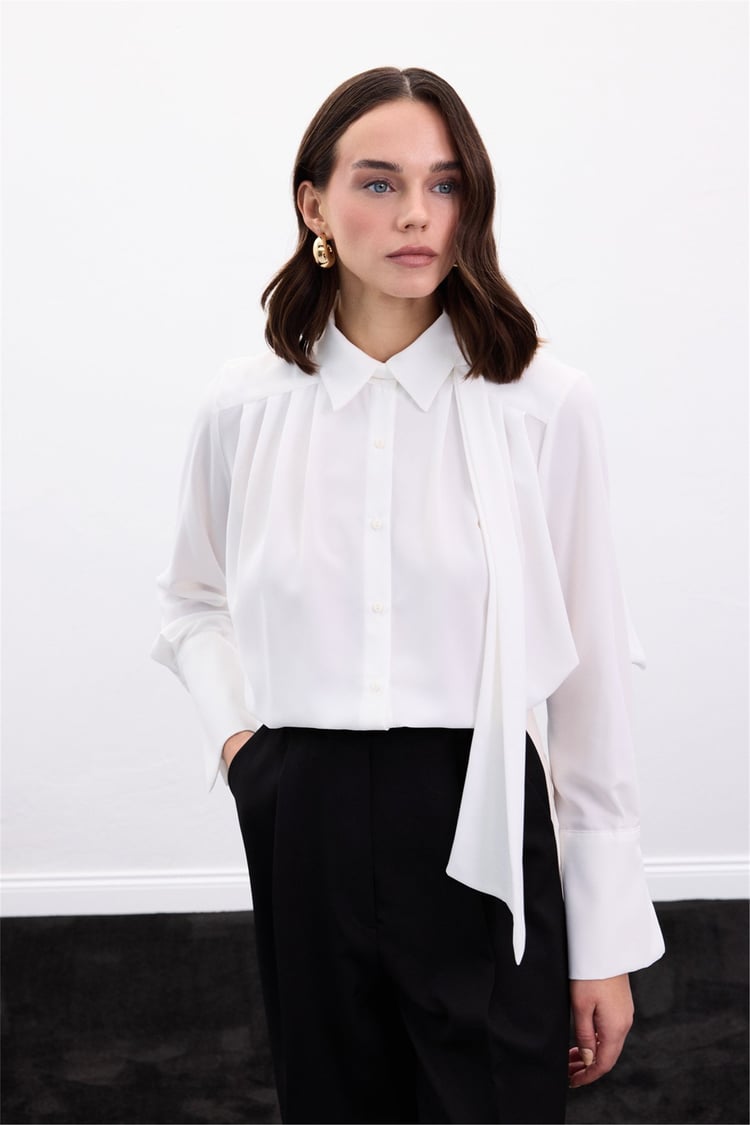 Sateen Y26 1974-2178 Fular Detaylı Gömlek Ekru