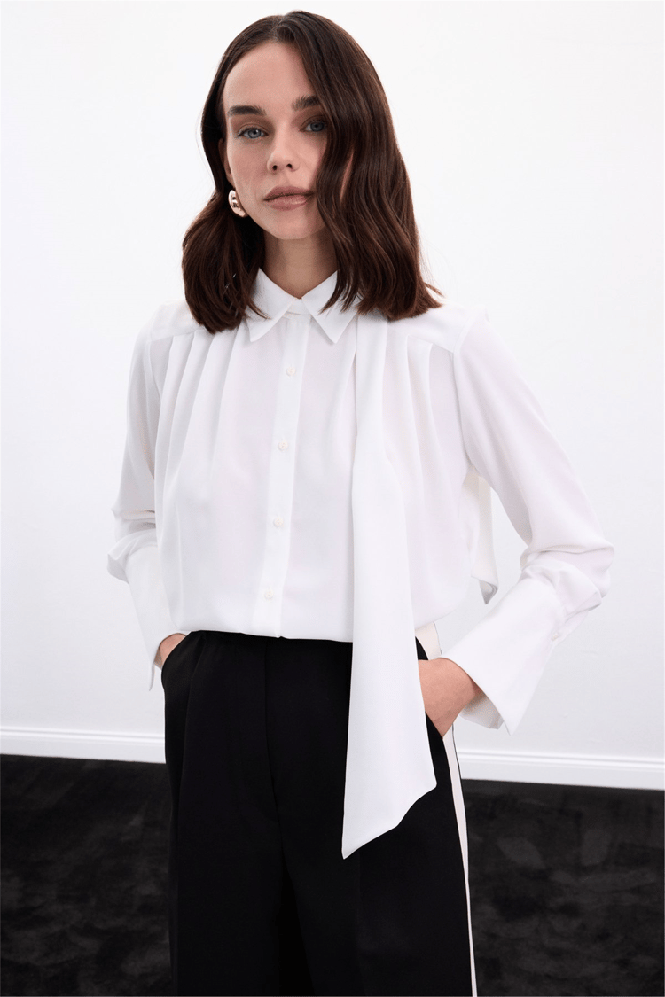 Sateen Y26 1974-2178 Fular Detaylı Gömlek Ekru