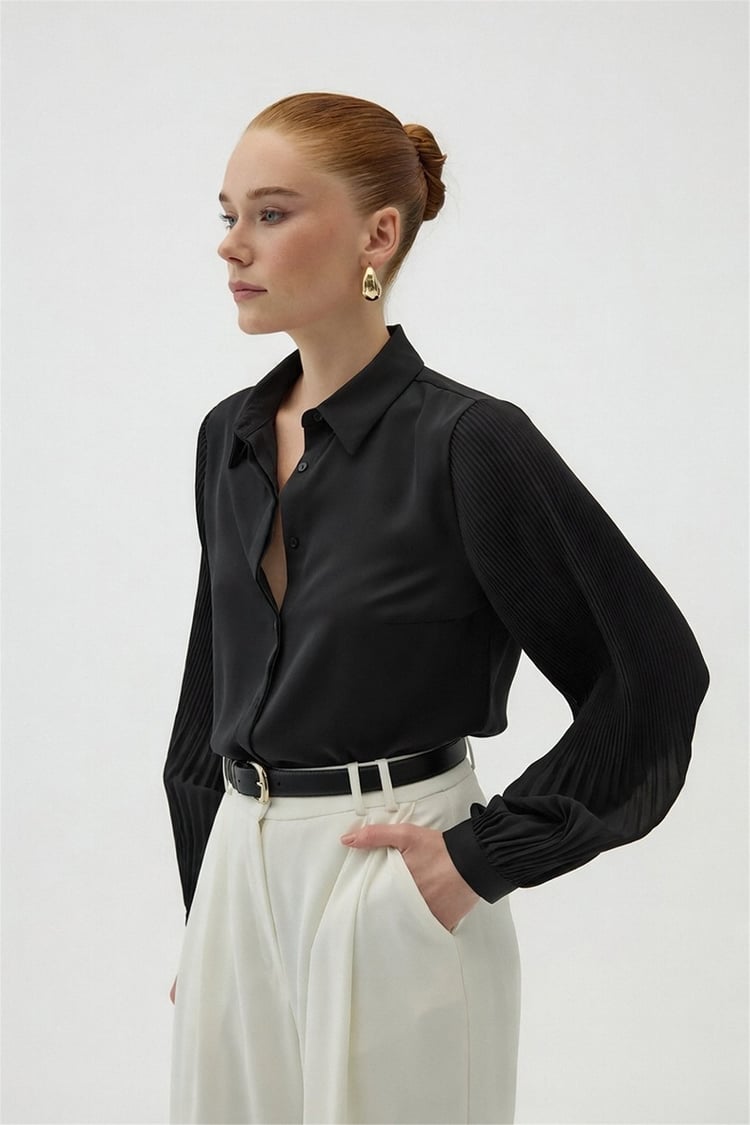 Sateen Y26 2114-2179 Plise Kollu Gömlek Siyah Kadın