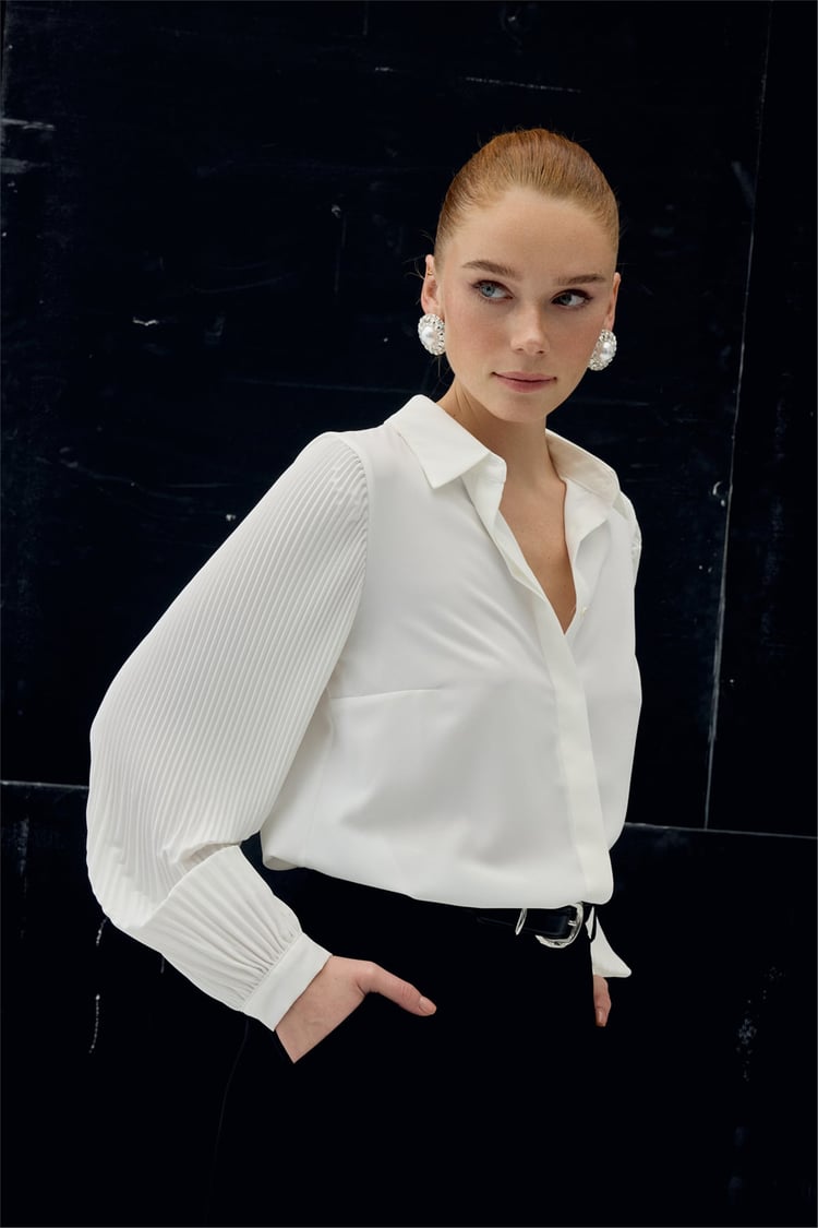 Sateen Y26 2114-2179 Plise Kollu Gömlek Ekru Kadın