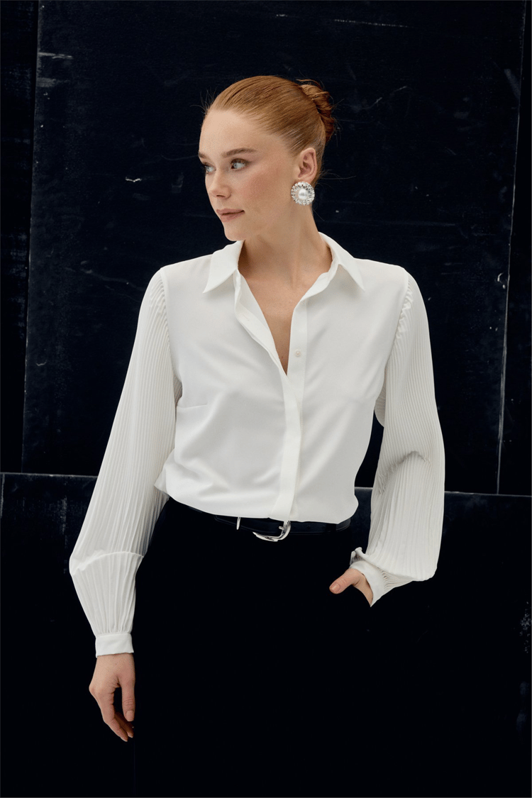 Sateen Y26 2114-2179 Plise Kollu Gömlek Ekru Kadın