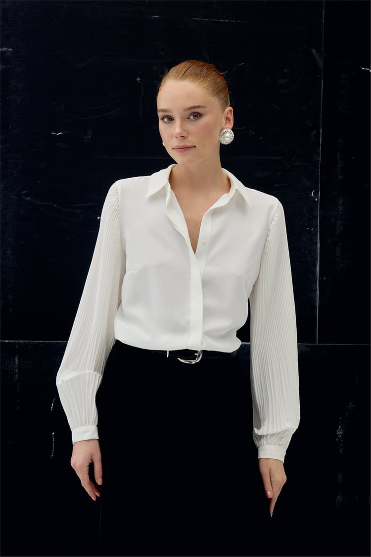 Sateen Y26 2114-2179 Plise Kollu Gömlek Ekru Kadın