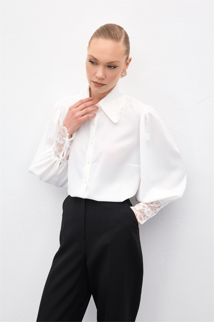 Sateen Y26 2117-2182 Dantel Mansetlı Gömlek Ekru Kadın