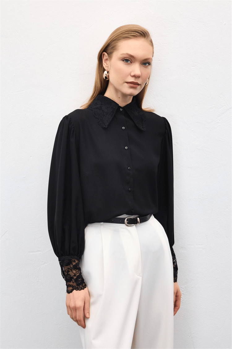 Sateen Y26 2117-2182 Dantel Mansetlı Gömlek Siyah Kadın