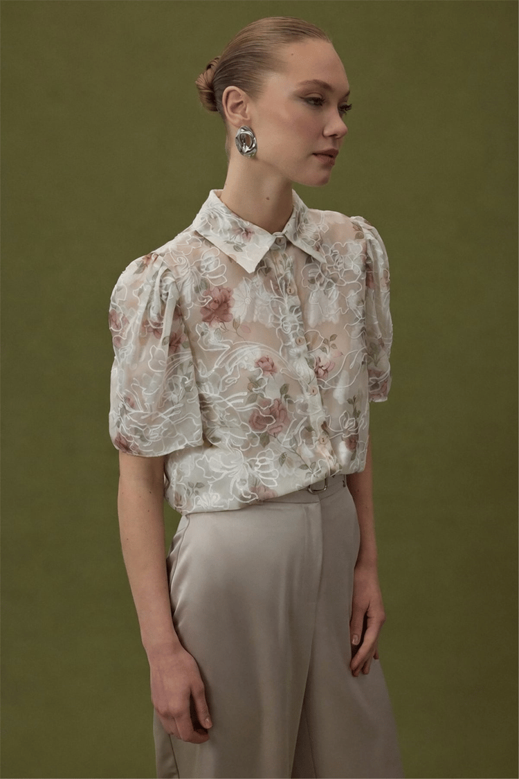 Sateen Y26 2121-2189 Nakışlı Kısa Kollu Gömlek Pudra