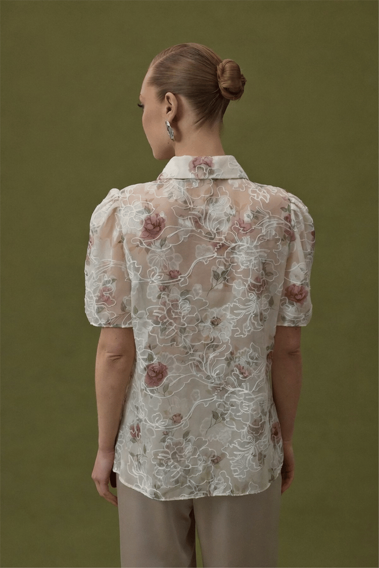 Sateen Y26 2121-2189 Nakışlı Kısa Kollu Gömlek Pudra