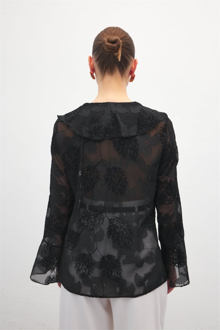 Sateen Y26 2142-2196 Fırfır Detaylı Nakışlı Gömlek Siyah