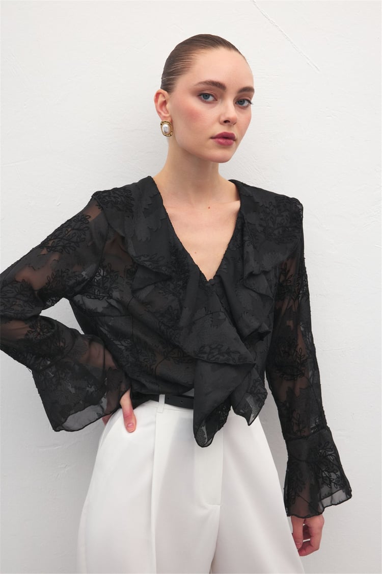 Sateen Y26 2142-2196 Fırfır Detaylı Nakışlı Gömlek Siyah