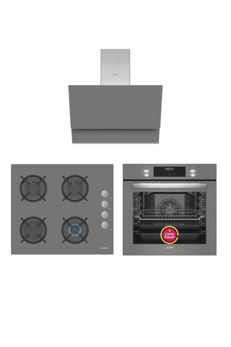 Simfer 9 Fonksiyon QS Dijital Gri 3'lü Ankastre Set (8223 Fırın + 3538 Ocak + 8736 Davlumbaz)