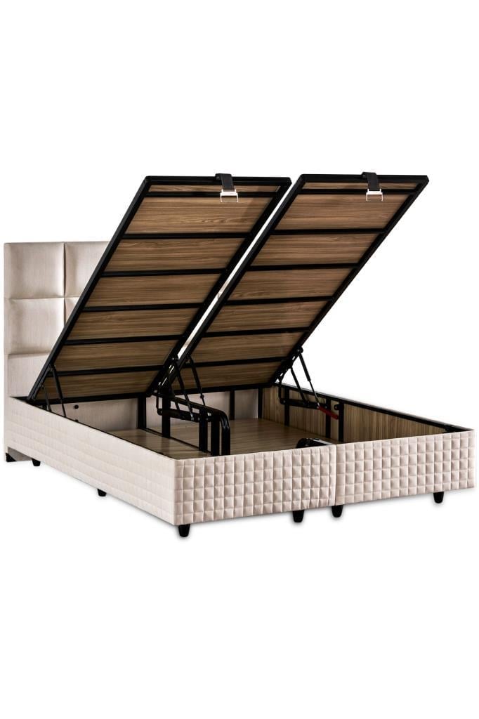 Star Baza ve Başlık Seti 160x200 cm Çift Kişilik Krem Keten Kumaşlı Lüks Baza ve Başlık Takımı