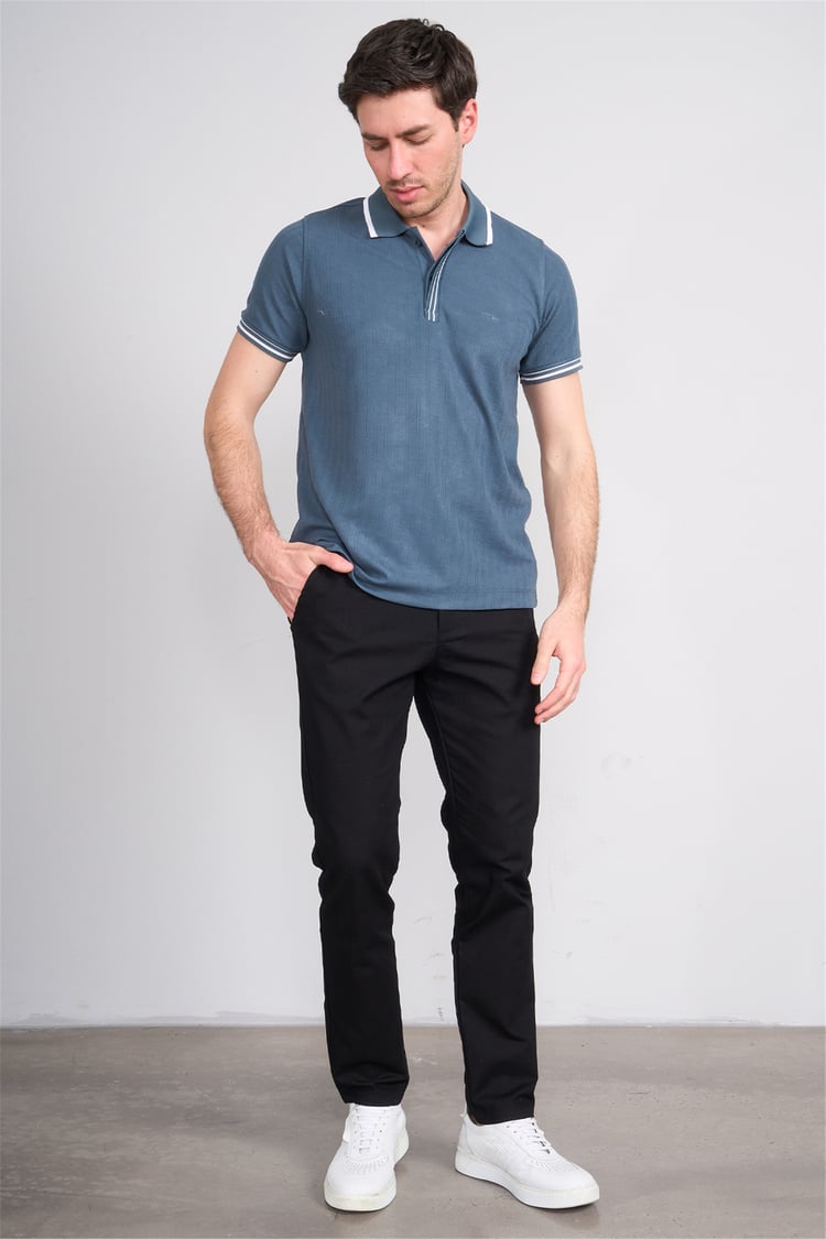 Troy Y26 26550 Petrol Erkek Kare Cızgılı Patlı Polo Yaka T-Shirt